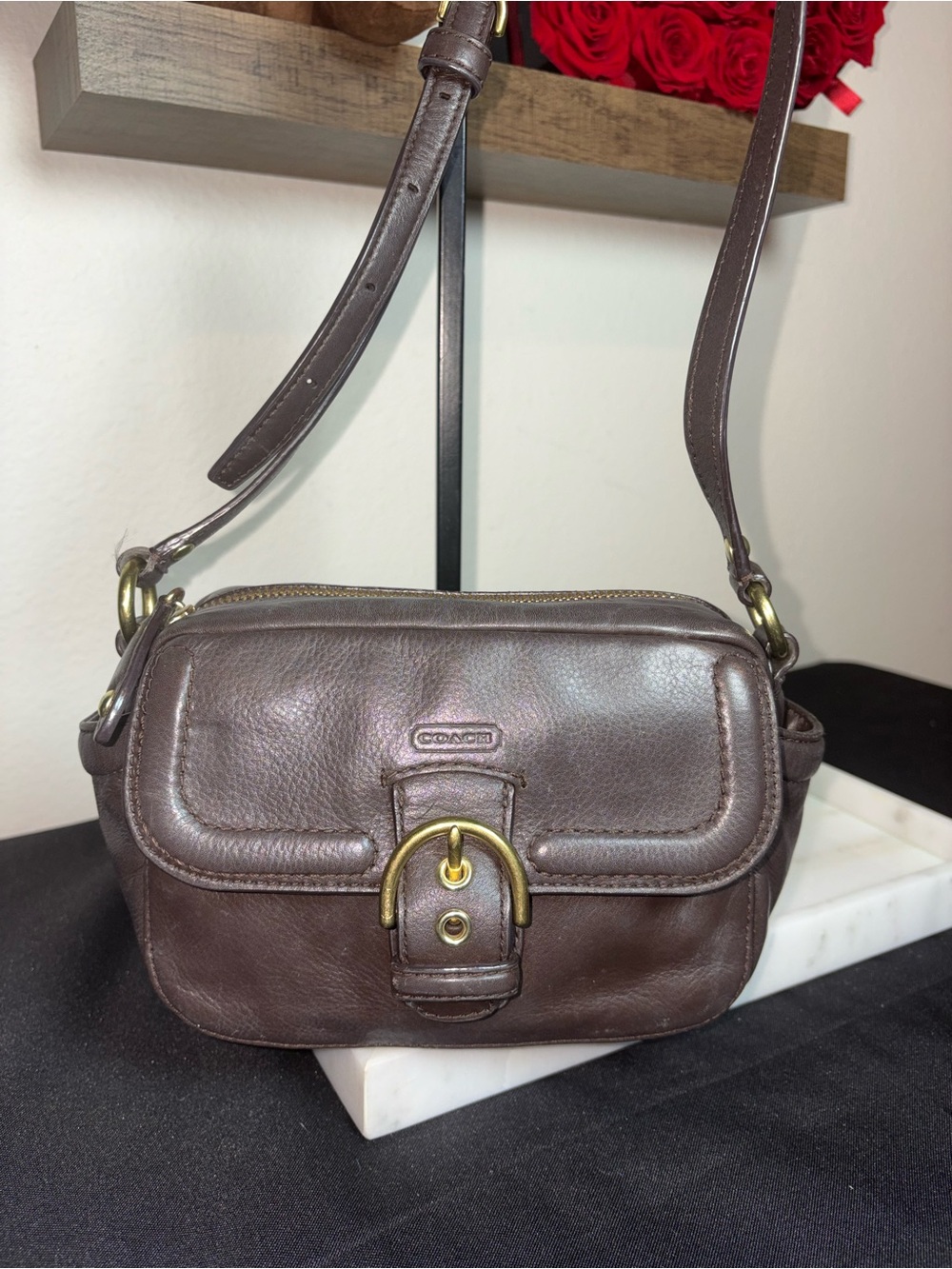 Coach Campbell Dark Brown Leather Small Crossbody Bag SoHo Brass Buckle